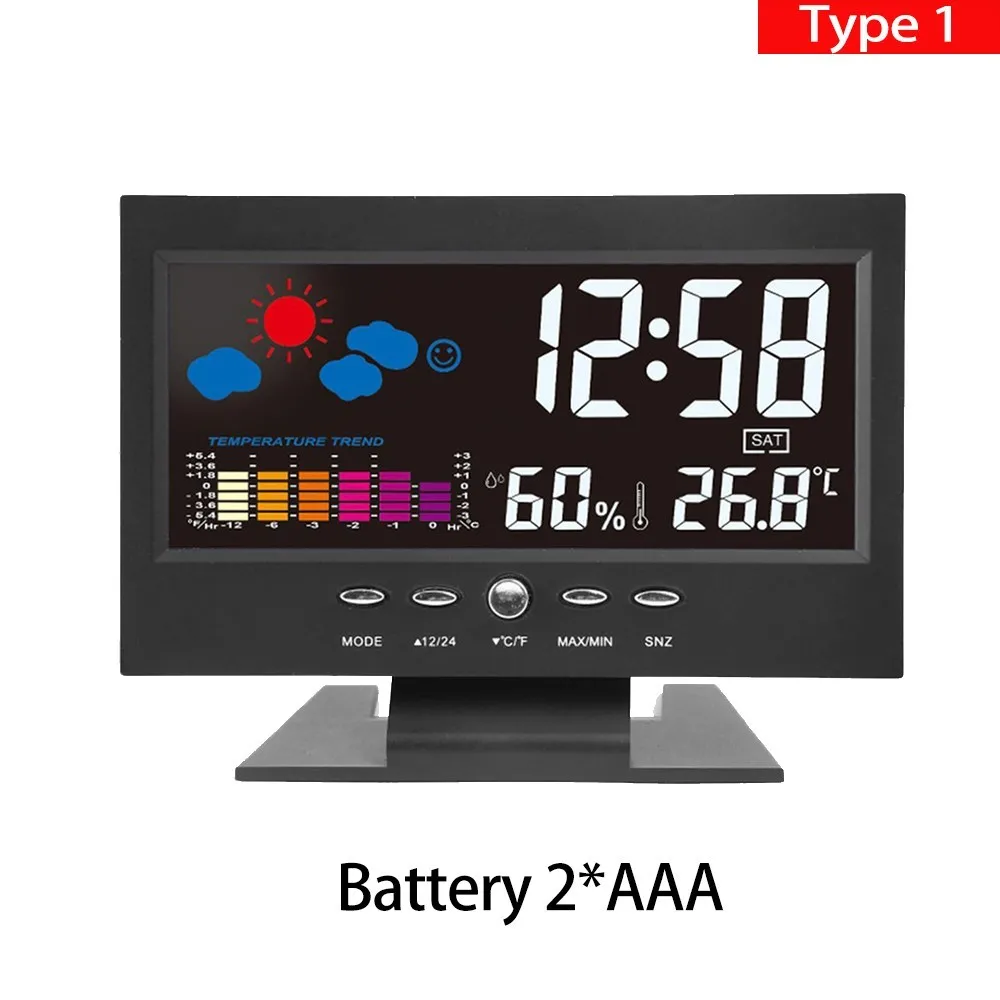 Electronic Digital LCD Desk Clock Temperature Humidity Monitor Clock Thermometer Hygrometer Weather Forecast Table Clock - Color: Type1