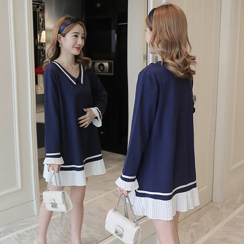 

2018 Autumn Clothing New Style Pregnant Women Fashion Mom Peter Pan Collar Joint Pregnant Women Dress