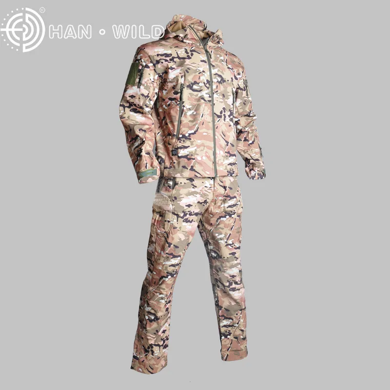 TAD тактическая Мужская армейская охотничья одежда походный туристический костюм камуфляж Sharkskin военный, из мягкой ткани водонепроницаемая куртка с капюшоном+ брюки - Цвет: CP