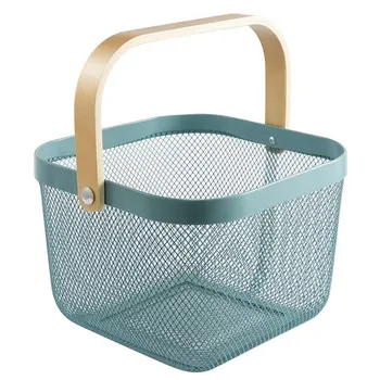 

Portable Wooden Handle Metal Basket Home Large Capacity Kitchen Multi-function Vegetable Groceries Practical Storage Baskets