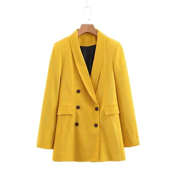 

2020 Women Double Breasted Long coat Office Lady Small Suit Jacket Ladies Leisure Yellow Loose Coat Streetwear