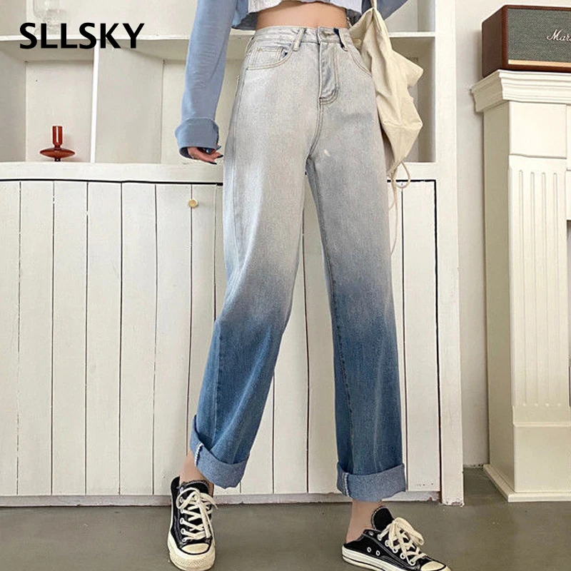 SLLSKY-pantalones vaqueros de gradiente para mujer, vaqueros rectos hasta el tobillo de cintura alta, vaqueros de pierna ancha, pantalones de Mujer Vaqueros