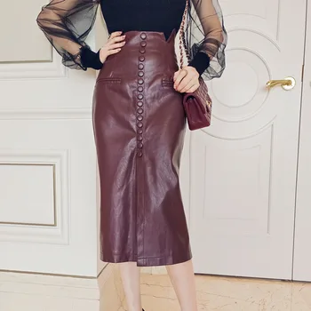 

TVVOVVIN 2020 Single-breasted Mid-length Pu Leather Skirt Winter Women's New Korean High Waist Bag Hip Solid Skirt PC303