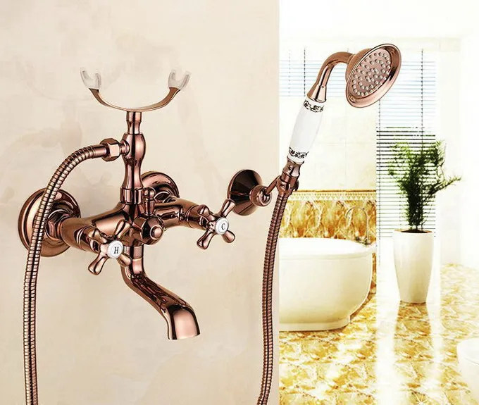 

Modern Rose Gold Brass Wall Mounted Bathroom Bath Tub Faucet Set WITH/ 1.5M Handheld Shower Spray Head Mixer Tap Dtf170