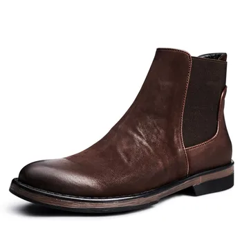 

Men Retro Chelsea Boots High Top Genuine Leather British Business Slip On Booties Winter Cotton Shoes Plus Size