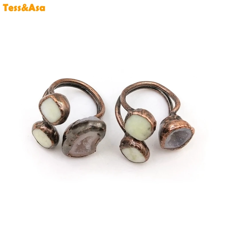 

3pcs Natural Agate Druzy Geode Ring, Ice Light Blue Pink Cute Slice Charm Adjust Open Hammered Ring Cuff for Woman Man Gift Ring