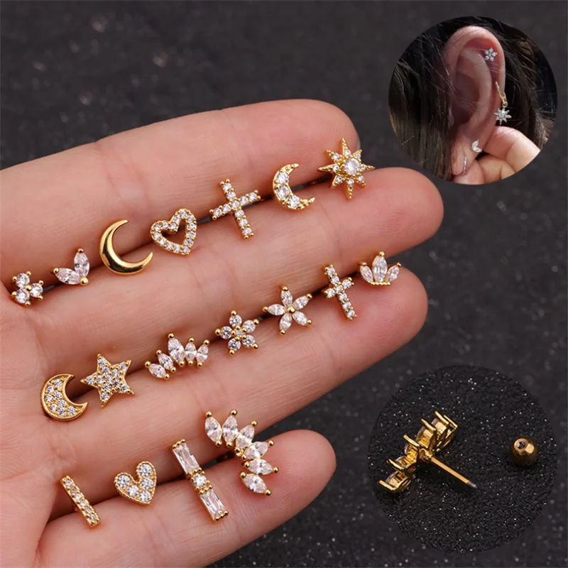 1Pc 4mm ball Mix Shape Crystal Zircon Nose Stainless Surgical Piercing Stud Superfine earrings Body Jewelry | Украшения и