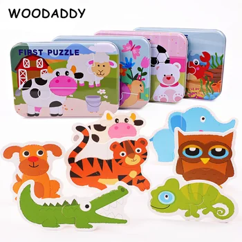 

Montessori Pairing Jigsaw Puzzles Kindergarten Teaching Aids For Kids Iron Box Carton Animals/Fruits Matching Cards Educational