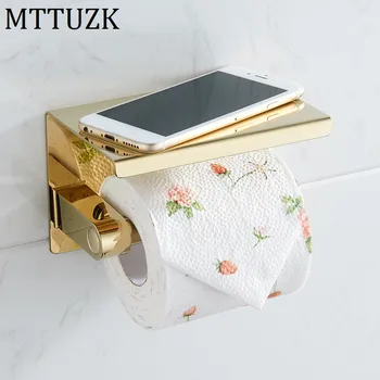 

Simple Design 304 Stainless Steel Golden Toilet Paper Holder With Phone Shelf Bathroom Toilet Matte Black Roll Paper Holder