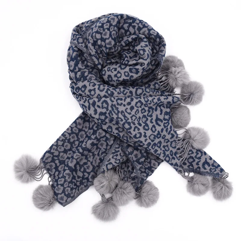 Fashion Winter Women Cashmere Scarf With Fur Balls Oversize Thick Pashminas Poncho Hijab Blanket