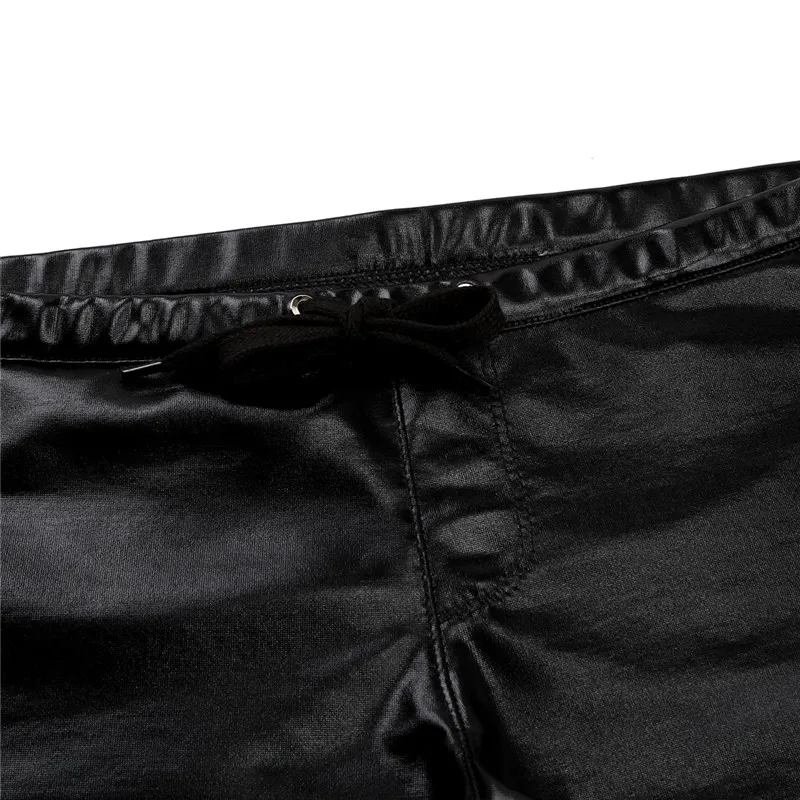 Mens Lingerie Shiny Patent Leather Elastic Waistband Drawstring Lounge Underwear Boxer Shorts Hommes Underpants Beach Swimwear
