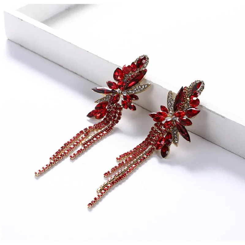 

Длинные красные серьги-кисточки Стразы с кристаллами, корейские винтажные милые серьги-подвески с большими цветами для женщин, рождественские серьги, оптовая продажа