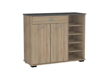 

Dresser 2 doors 1 drawer with shelves modern and cheap in color sawing/dark gray.