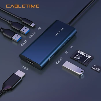 

CABLETIME USB C HUB to USB 3.0 HDMI SD/TF Card Reader PD Adapter Dark blue for Huawei Matebook X 13 Type C Charging N301