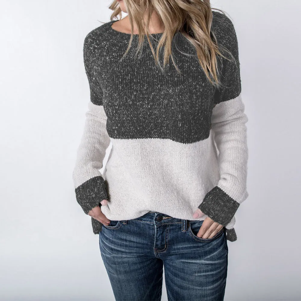 Suéteres de punto empalme para mujer, jersey de manga larga de Color sólido, jersey de combinación de colores, chaqueta, abrigo para mujer