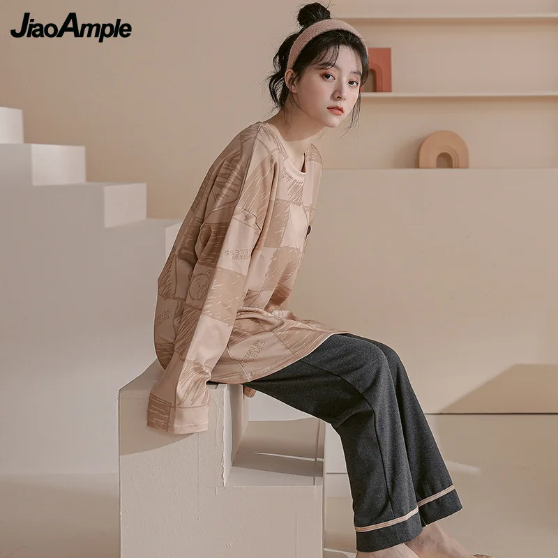 Women's Pajamas 2022 Spring Autumn New Cotton Long-sleeved Trousers Pijamas Two-piece Korean Cute Cartoon Nightwear Home Clothes