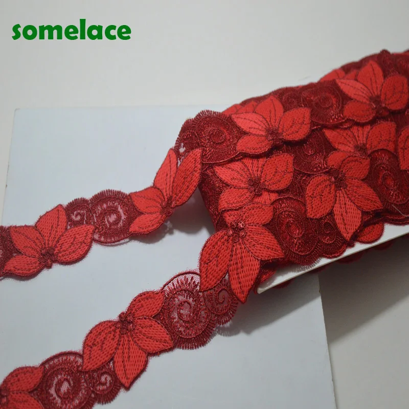 

7Yds/lot 4cm Wide Dark Red Venise Lace Red Embroidery Floral Lace Hight Quality Lace Fabrics Embroidered Lace