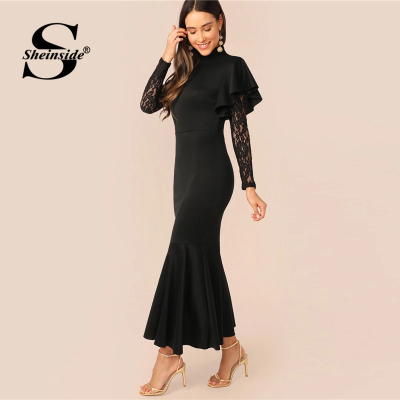 Sheinside контрастное кружевное платье с рукавом в стиле пэчворк женское осеннее элегантное платье с подолом в виде рыбьего хвоста женское черное облегающее платье