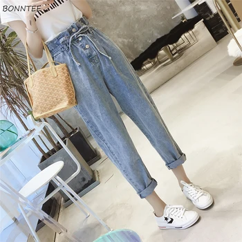 

Jeans Women High Waist Sashes Single Breasted All-match Pockets Elegant Korean Style Ankle-Length Trousers Female Daily Womens