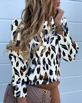 

2019 Elegant Autumn Women Fashion Casual Blouse Top Shirt Abstract Leopard Print Long Sleeve Popper Cuff Blouse