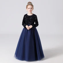 Glitter Sequins Long Sleeves Flower Girls Dresses For Wedding And Party Sashes Bow Floor Length Tulle Birthday Party Dress