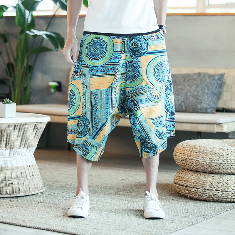 Горячая Распродажа летние льняные шаровары мужские повседневные брюки в стиле хип-хоп шаровары с перекрестными завязками укороченные штаны джоггеры Размер 5XL
