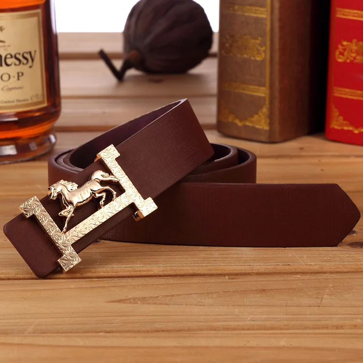 Coffee Brand Designer Belt For Men Gold Buckle Belt Luxury Horse Smooth Buckle Strap Belt For Men and Women Waistband - Цвет: Coffee