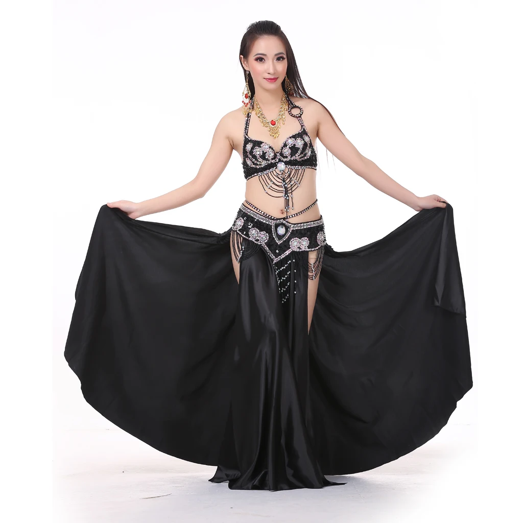 Women Elegant Belly Dance Skirt Tribal Double Slits Satin Long Skirt (No Belt)