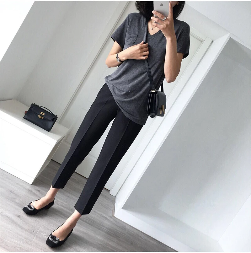 S-5XL размера плюс женские брюки для отдыха с высокой талией длинные штаны новые офисные женские свободные прямые брюки Черные Серые весенние брюки