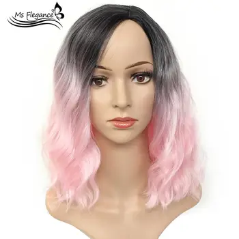 

MS New Synthetic Ombre Red Blue Pink Wigs Short Black Hair for Women's 16" Water Wave False Hair Ombre Wigs with Dark Roots