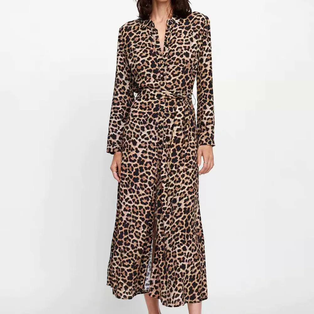 Women Dress Spring 2020 Ladies Leopard Print Dresses Sexy Women V Neck Long Sleeve Midi Dress Womens Dresses Fall Evening Party