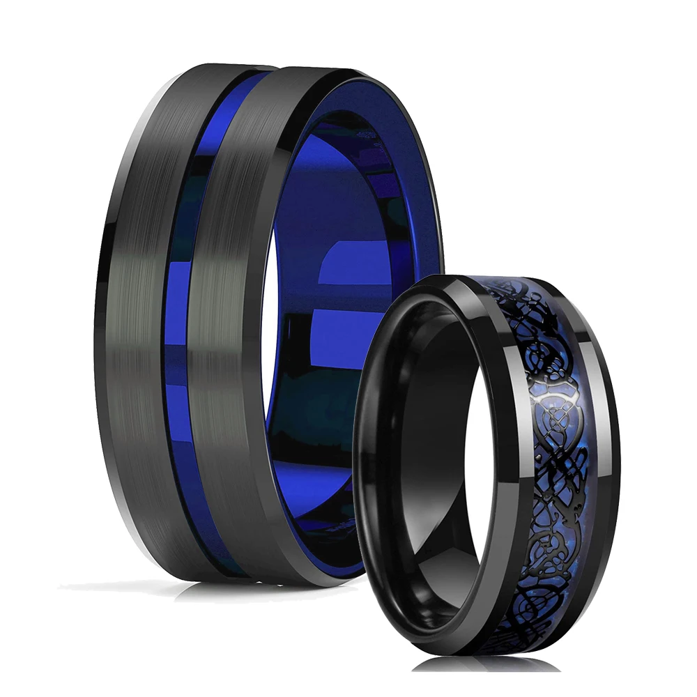 Fashion Mens Blue CZ Celtic Band Gold Stainless Steel Rings Wedding Jewelry 