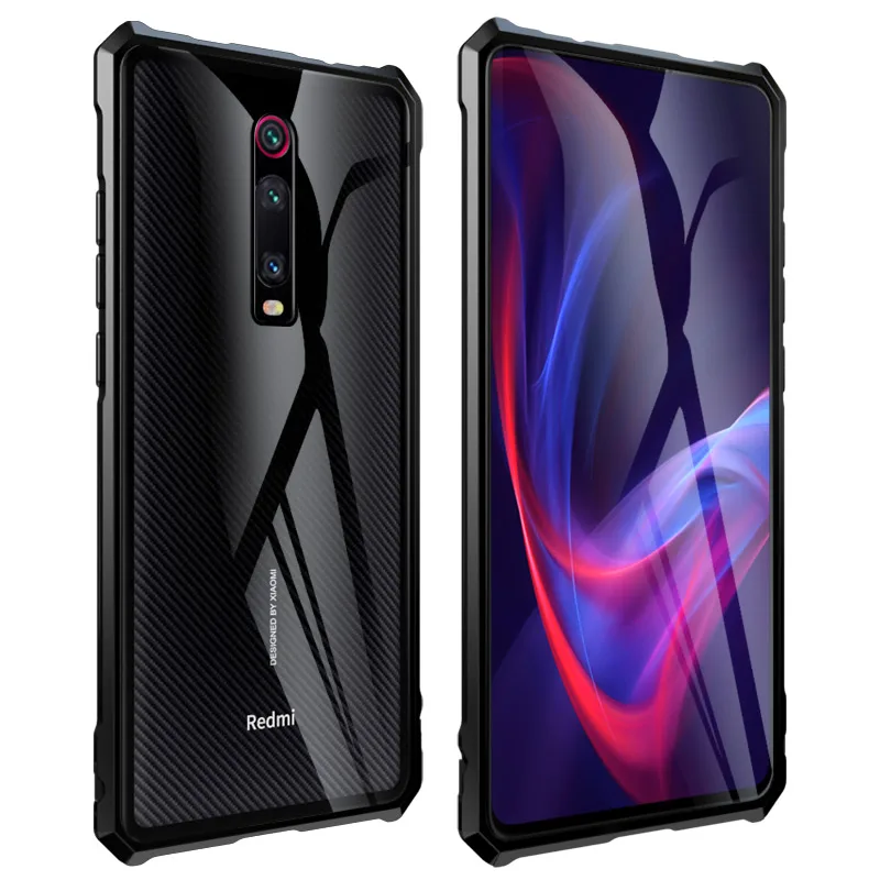 Роскошный противоударный чехол для Xiaomi 9 T Redmi K20 Pro, алюминиевая металлическая рамка, прозрачная задняя крышка из закаленного стекла для Mi9 T Coque - Цвет: black
