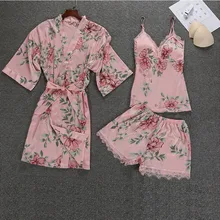 Женский комплект одежды для сна из 3 предметов, Халат+ слинг+ брюки, сексуальная ночная одежда с цветочным принтом, летняя Домашняя одежда, мягкий милый Ночной костюм, подарок, домашняя одежда