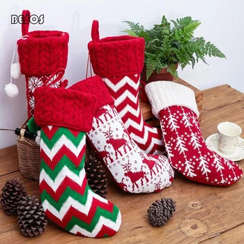 

Christmas Knit Thicken Soft Stripe Elk Snowflake Christmas Tree Pattern Candy Gift Decoration Tree Fireplace Gift Bag B134D