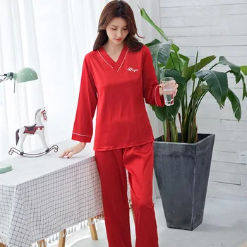 

Women's Korean Pijama Familia Silk Fabric Red Blue Long-sleeved V-neck Long Pants women 2 piece Sleepwear Pijama Verano Mujer