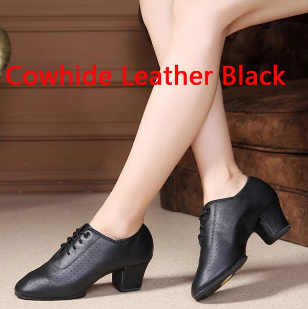 Cowhide Black Женские туфли из коровьей кожи на каблуке 5 см для латинских танцев; обувь для учителя; танцевальные туфли для девочек; обувь для вальса, танго, фокстрота; бальные туфли с леопардовым принтом - Цвет: Cowhide Black