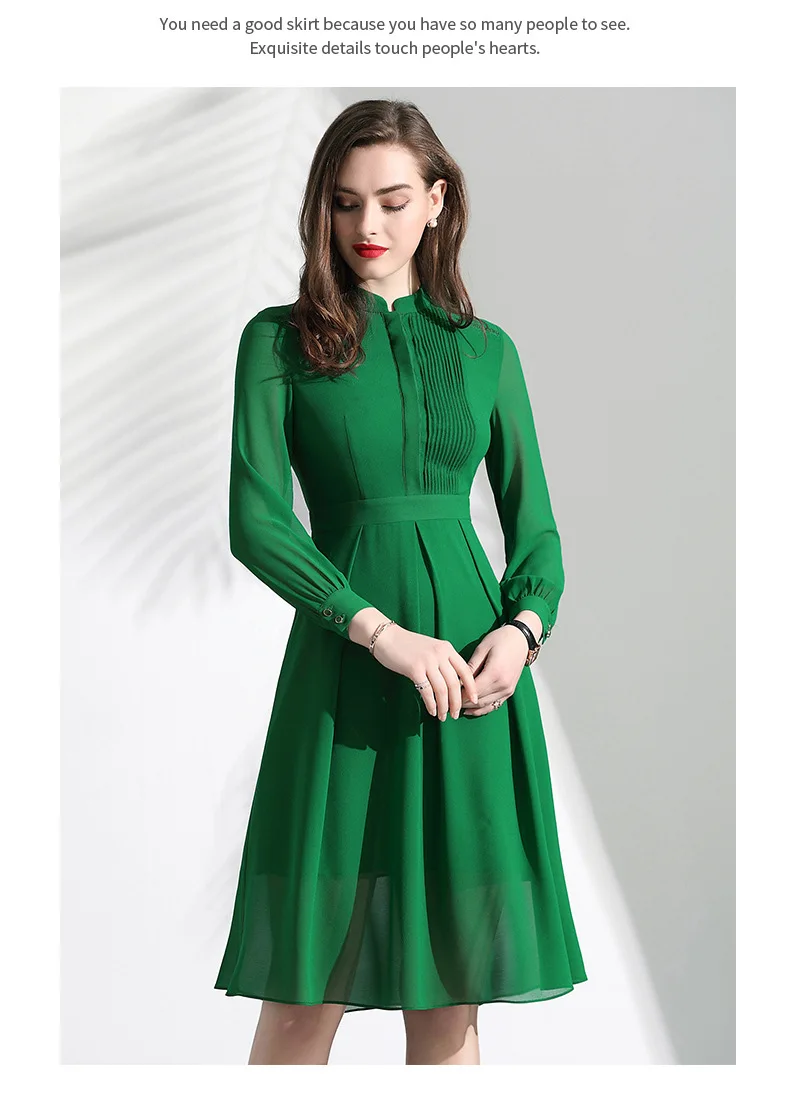 Зеленое высококачественное тонкое платье с широкой юбкой осенние новые плиссированные женские шифоновые платья с длинными рукавами
