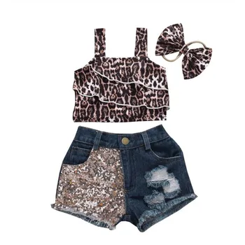 

Kids Baby Girls Clothes 2020 New Children Summer Top Shorts 3-Piece Suit Leopard Short Sleeve Pleated Vest Side Pockets Shorts