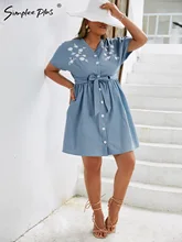 

Simplee Plus Elegant emboridery A-line plus size dress women Half sleeve V-neck belt 4XL dress 2022 spring Solid cotton vestidos