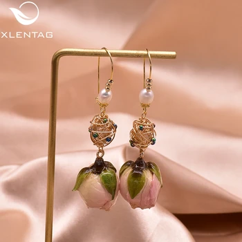 

XlentAg Natural Rose Flower Women Earrings Boho Wedding Gifts Lover Real Freshwater Pearl Luxury Jewerly Original Design GE0492B