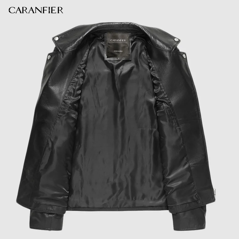 CARANFIER Мужская косая мотоциклетная куртка натуральная овчина новая весенне-осенняя Дизайнерская куртка Молодежное короткое черное кожаное пальто