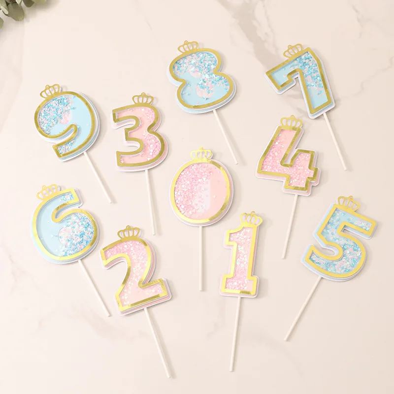 

Creative Cake Decoration Giltter Crown Number Cake Happy Birthday Cake Toppers Transparent Pink Blue Number Cupcake Topper Decor