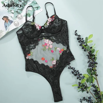 

New Women'sTeddy bodysuit Lace Embroidered lingerie underwire Bra Sexy Backless Mesh See-through Underwear Thong One-piece Suit