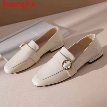 

Krazing Pot elegant pearl buckle genuine leather loafers shoes slip on solid round toe low heels women fashion casual pumps L00