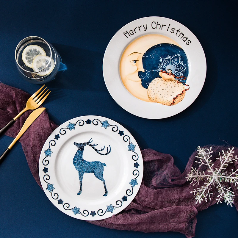 6 inch Christmas Santa Bone china dinner plates cartoon snacks cake dessert Steak plate western fruit dish New Year's gift