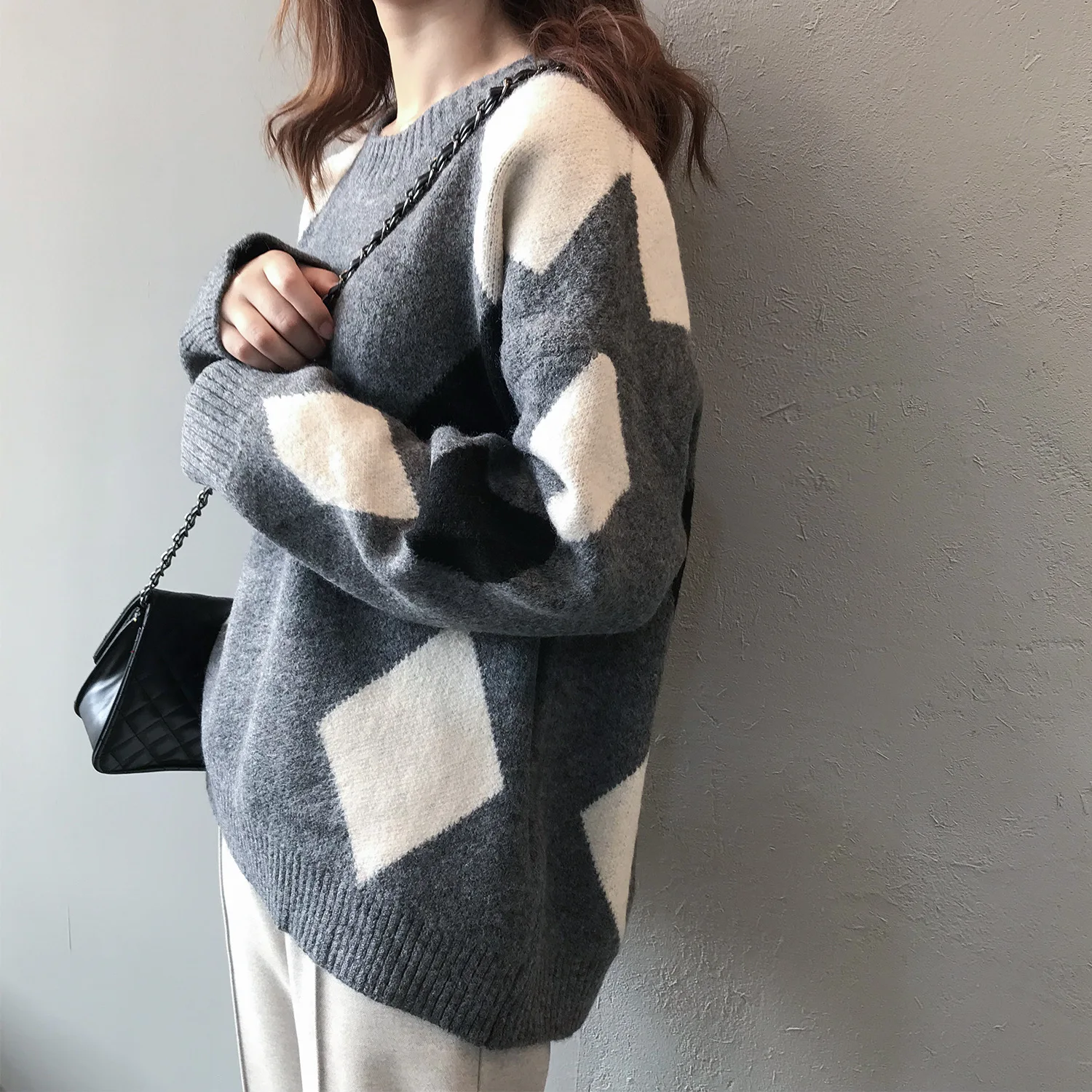 Johnature Women Pullover Sweaters Korean Style Argyle Autumn New Long Sleeve Warm Patchwork Women Fall Casual Sweaters