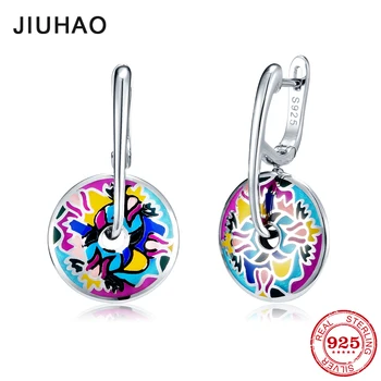 

Enamel Earrings For Women 925 Sterling Silver oil painting round shape Stud Earrings For Women Fashion Handmade Jewelry