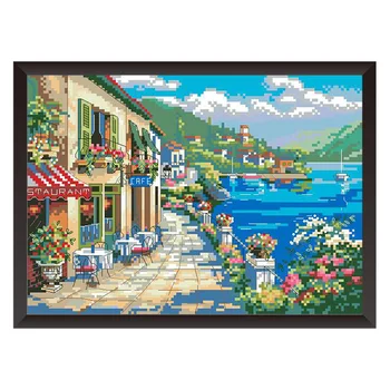 

Seaside Town Counted Pattern Cross Stitch Kits Printed Fabric Embroidery Needlework Sets 11CT 14CT DIY Handmade Home Decorations