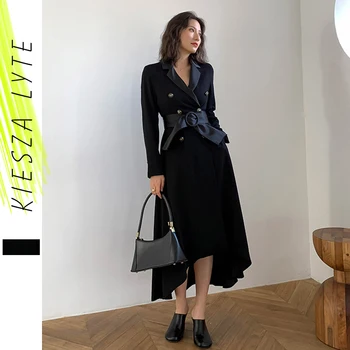 

Women Elegant Dress Office Lady Double Breasted Belted Evening Party Dresses Spring 2020 Fashion Vestidos